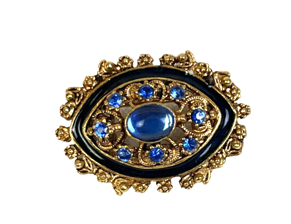 Vintage Florenza Brooch Bllue Stones Gold Metal Approx 1" Fashion Jewelry